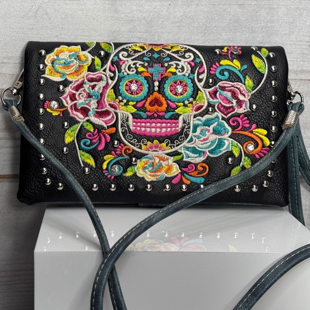 P&G Sugar Skull Embroidered Crossbody Wallet Bag Black Teal Studded Rhinestone